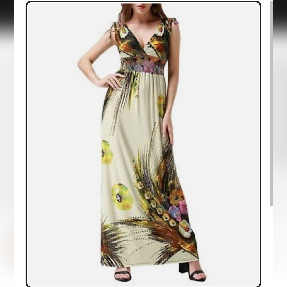 Morefeel 3XL Plunge Neckline Cut-out Back Printed Bohemian Summer Maxi Dress